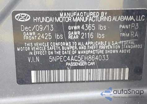 2014 Hyundai Sonata Se from USA, damaged, VIN 5NPEC4AC5EH864033